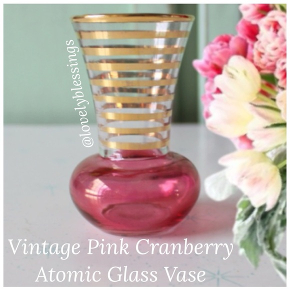 Vintage Vase Atomic Glass MCM 50s 60s 70s Petite Floral Bud Vase Rose Pink Gold - Picture 6 of 8
